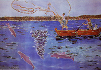 漁師の魚とりを手伝うカワゴンドウ（イラワジ・ドルフィン）（ホテルのポスターより）